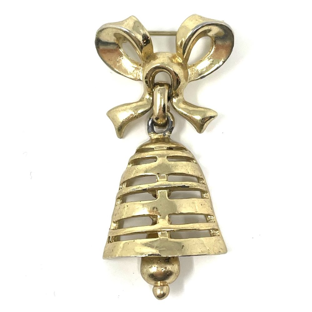 Vintage Gold Tone Bow with Moving Bell and Clapper Christmas Articulated Brooch
